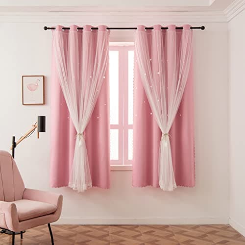 LUGOTAL Pink Curtains for Girls Bedroom Kids Baby Room Decor Cute Double Layer Star Cutout Curtain Room Darkening Window Curtains for Nursery (Pink, 52W x 63L,2 Panels)