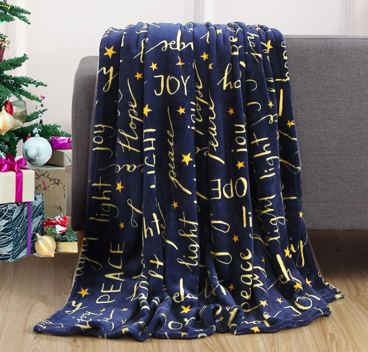 Elegant Comfort Luxury Velvet Super Soft Christmas Prints Fleece BlanketHoliday Theme Home Dcor Fuzzy Warm and Cozy Throws for Winter Bedding Couch and Gift 50 x 60 inch Peace Joy