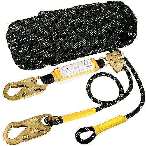 TRSMIMA Rope Harness Safety Lanyard:150ft Vertical Roofing Rope with Grab Snap Hooks Shock Absorber - Fall Protection Tree Climbing Line Kit Heavy Duty Roof Safety Equipment ANSI CE