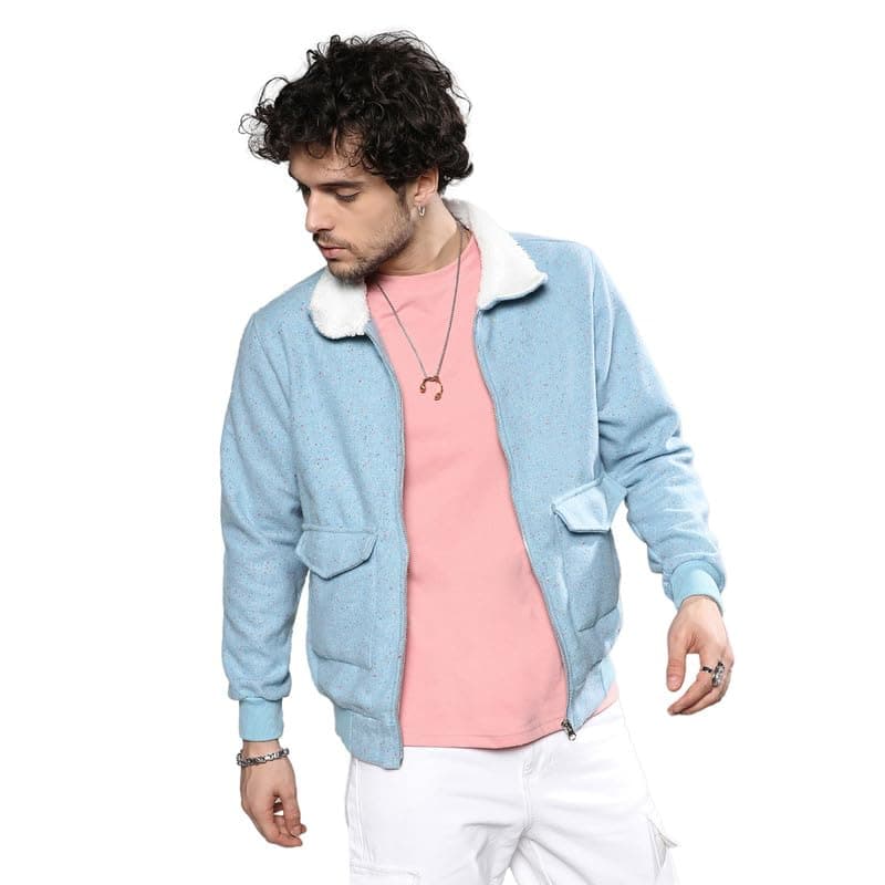Campus Sutra Men's Light Blue Zip-Front Jacket With Fleece Collar For Casual Wear | Spread Collar | Long Sleeve | Zipper Closure | Cotton Jacket Crafted With Comfort Fit For Everyday Wear