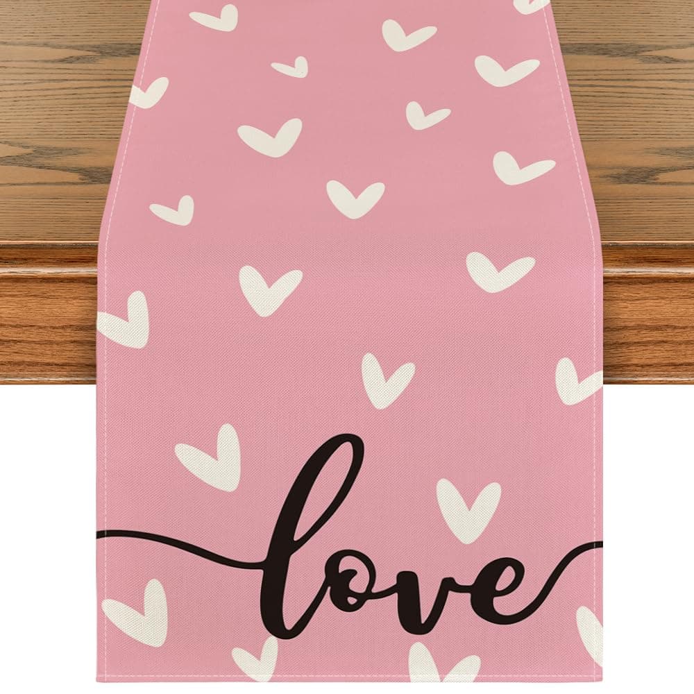 Artoid Mode Pink Love Valentines Table Runner Seasonal Kitchen Dining Table Decoration for Indoor Home Party 13x72 Inch