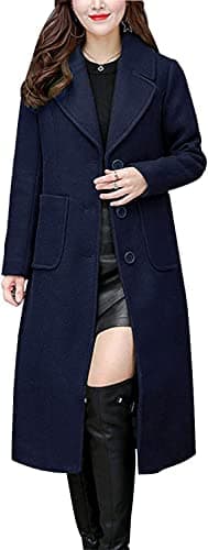 chouyatou Women's Big Notch Lapel Single Breasted Mid-Long Wool Blend Coat (X-Large, Navy Blue)