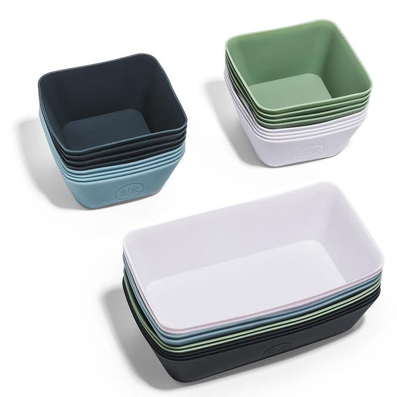 The Silicone Kitchen Reusable Silicone Bento Baking Cup NonToxic BPA Free Dishwasher Safe Bento Box Accessories Lunch Box Dividers Square and Rectangle 24 Pack Blue White Green