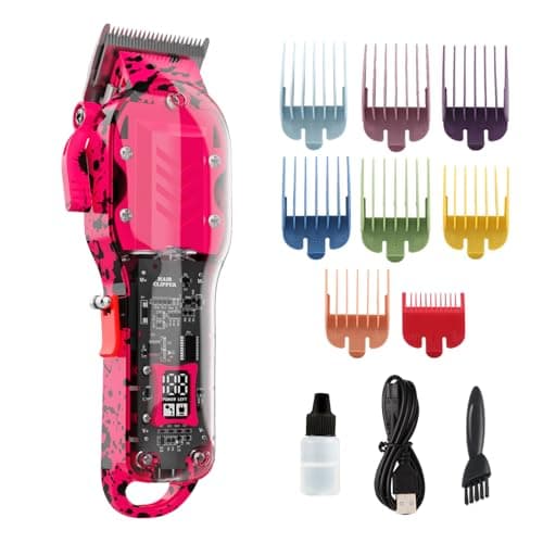Professional Hair Clippers for Men, Cordless Barber kit for Hair Cutting & Grooming, Pink Hair Clippers Set for Barber Haircut with LED Display 8 Fade Taper Combs