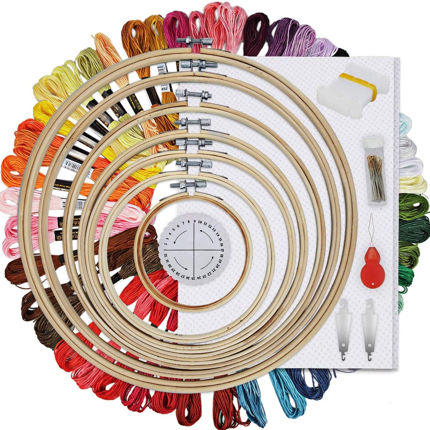 HAUSPROFI Embroidery Starter Kit Cross Stitch Kit Including 50 Colours 30 Needles 7 Bamboo Frames Kumihimo Disk Cross Stitch Fabric