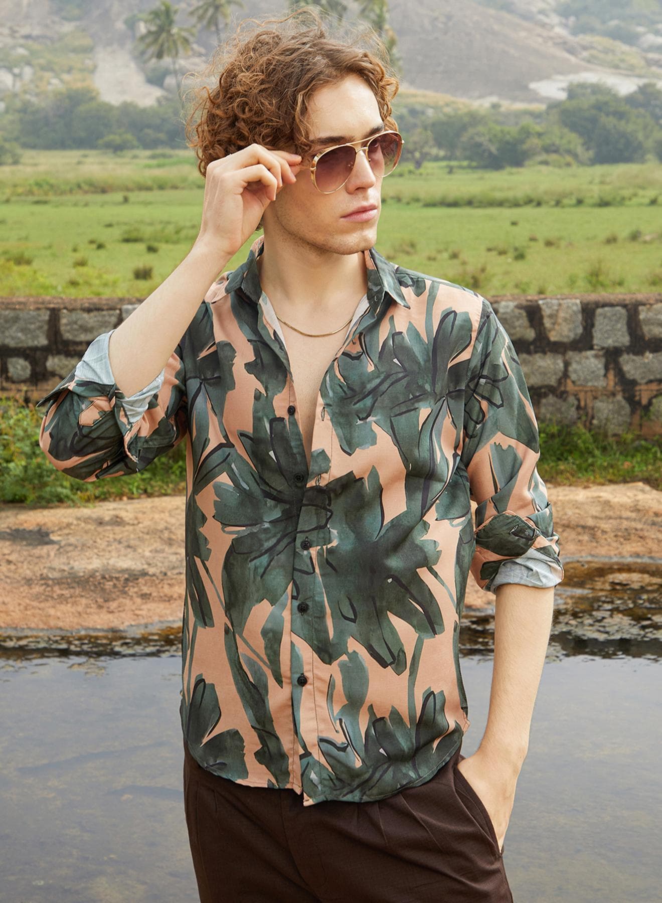 Men's Emerald Green & Tan Brown Artistic Botanical Shirt