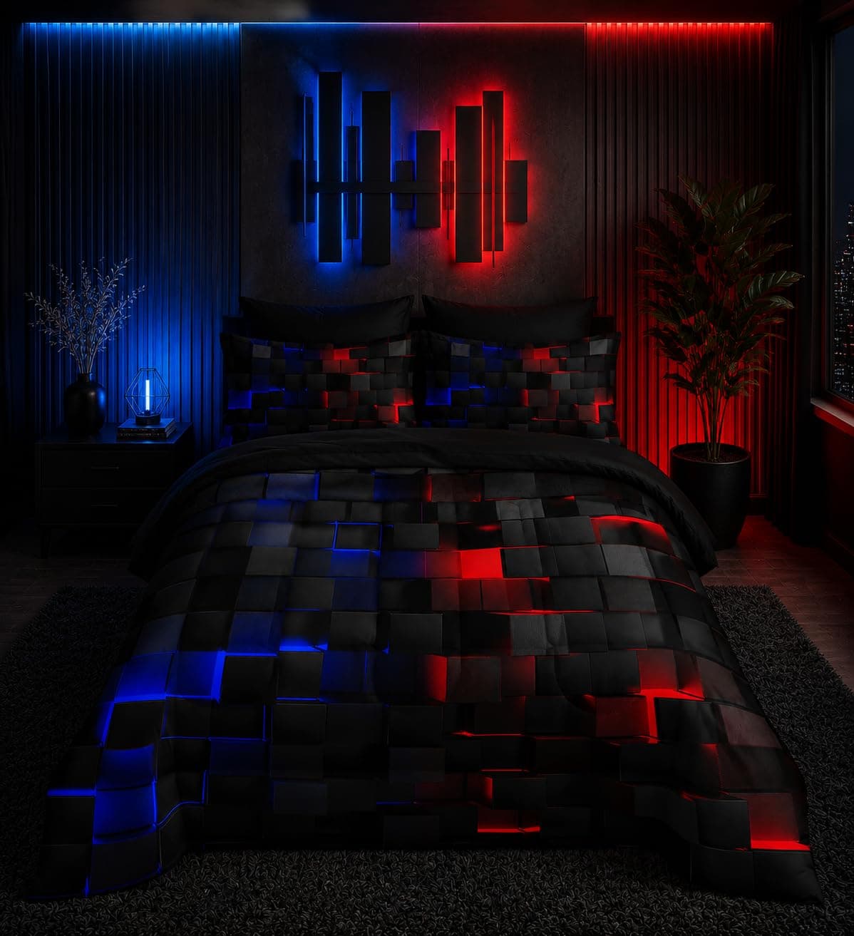 Nttopship Red and Blue Checkered Comforter Set Queen Honeycomb Bedding Sets,Light Honeycomb Bedding Set 7 Piece in A Bag,Bed Sheet Set Geometry Decor,Microfiber Lightweight All Season