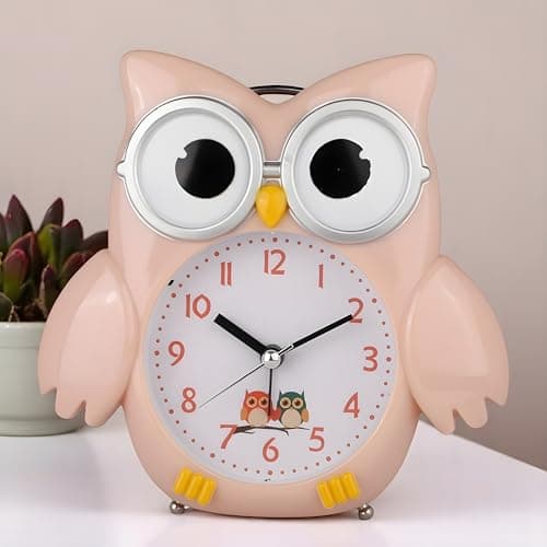 De'rons Twin Bell Analog Table Alarm Clock with Backlight for Heavy Sleepers Loud Alarm Clock for Students Funny Cute Owl Cartoon Shape Alarm Clock for Kids Girls Boys Bedroom 14.5 x 15 cm (Peach)