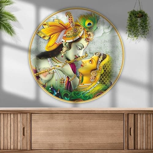 SAF Round Radha Krishna Wall Painting | Divine Love Artwork with Flute & Peacock Feather | UV Textured MDF Board with Golden Frame Look | Spiritual Wall Décor for Home & Temple 23 Inch x 23 Inch