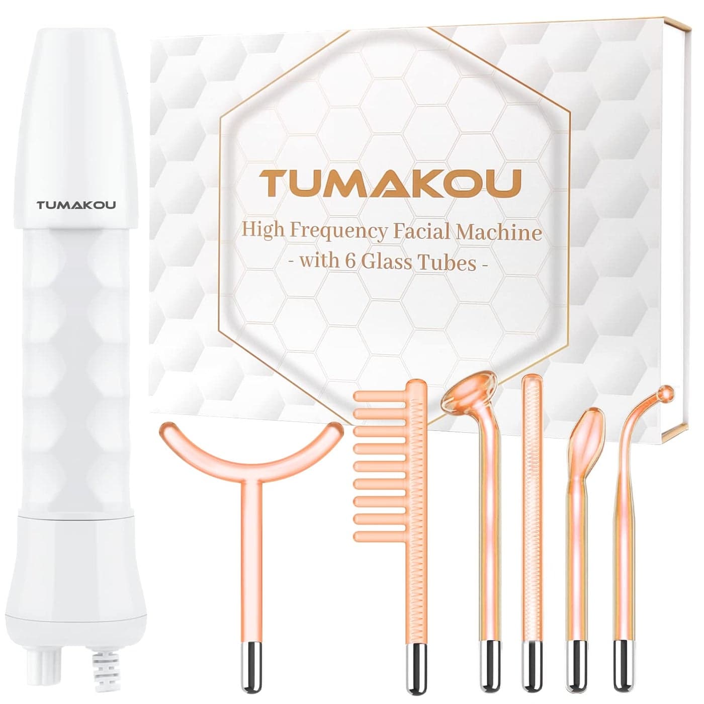 TUMAKOU High Frequency Facial Wand - Orange High Frequency Facial Device Machines for Skin Face Hair - High Frequency Wand with 6 Different Glass Tubes