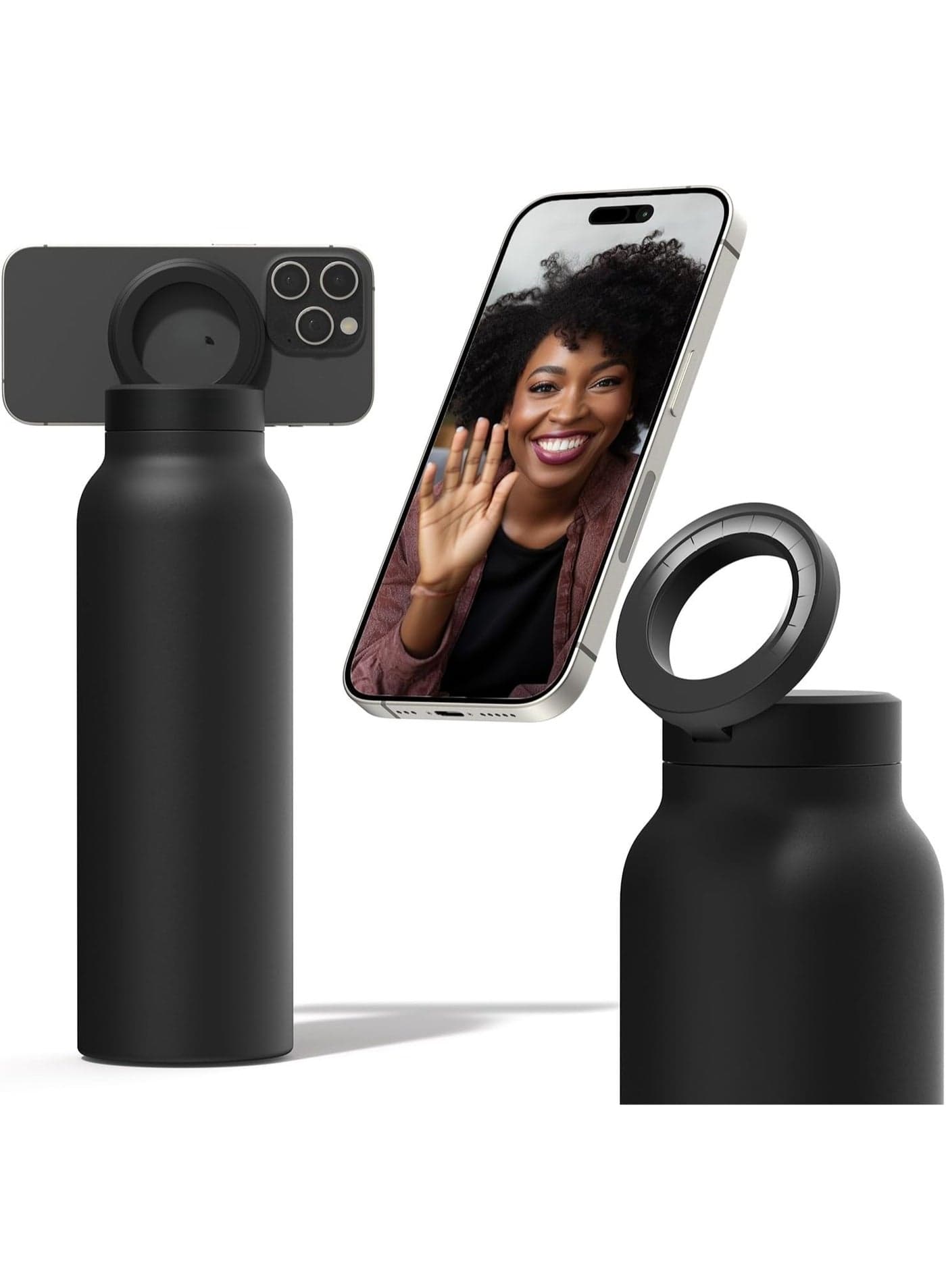 Insulated Water Bottle with Magnetic Phone Holder | Stainless Steel with Tripod Phone Stand | Fitness & Travel Essential | Keeps Water Hot for 12 Hours, Cold for 24 Hours, 360° Rotation | Black, 24 oz