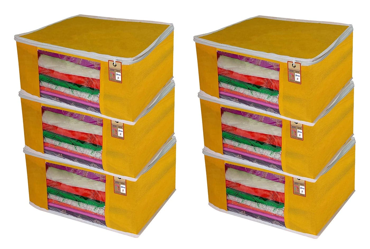 atorakushon® Fabric Yellow Garment Storage Bags Wardrobe Organizer for Clothes Storage Box Saree Cover (Pack of 6)