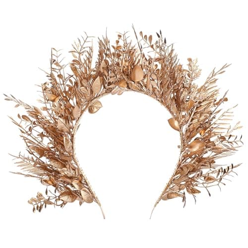 MOSTORY Flower Halo Crown Headband Handmade Fairy Goddess Hairband Floral Queen Crown for Women Party Festival Renaissance Renfaire Cosplay Photo Shoot Gold
