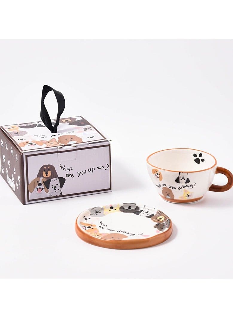 Hand-Drawn Caramel Puppy Ceramic Coffee Cup Saucer Set - Gift Box Present for Kids, Women, Friends