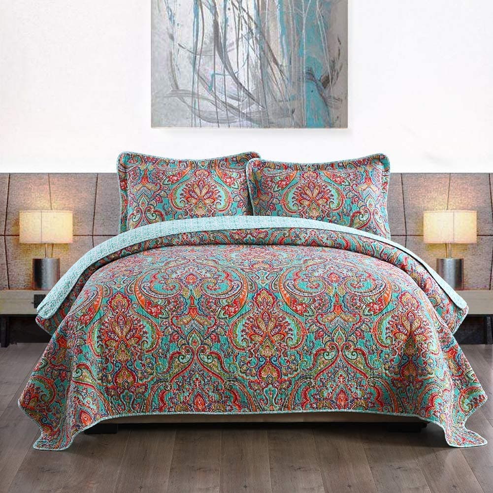 Travan 3Piece Bedspread Quilt Set Oversized Reversible Quilted Bedding Cotton Coverlet Set with Shams Gorgeous Floral Pattern Twin Size
