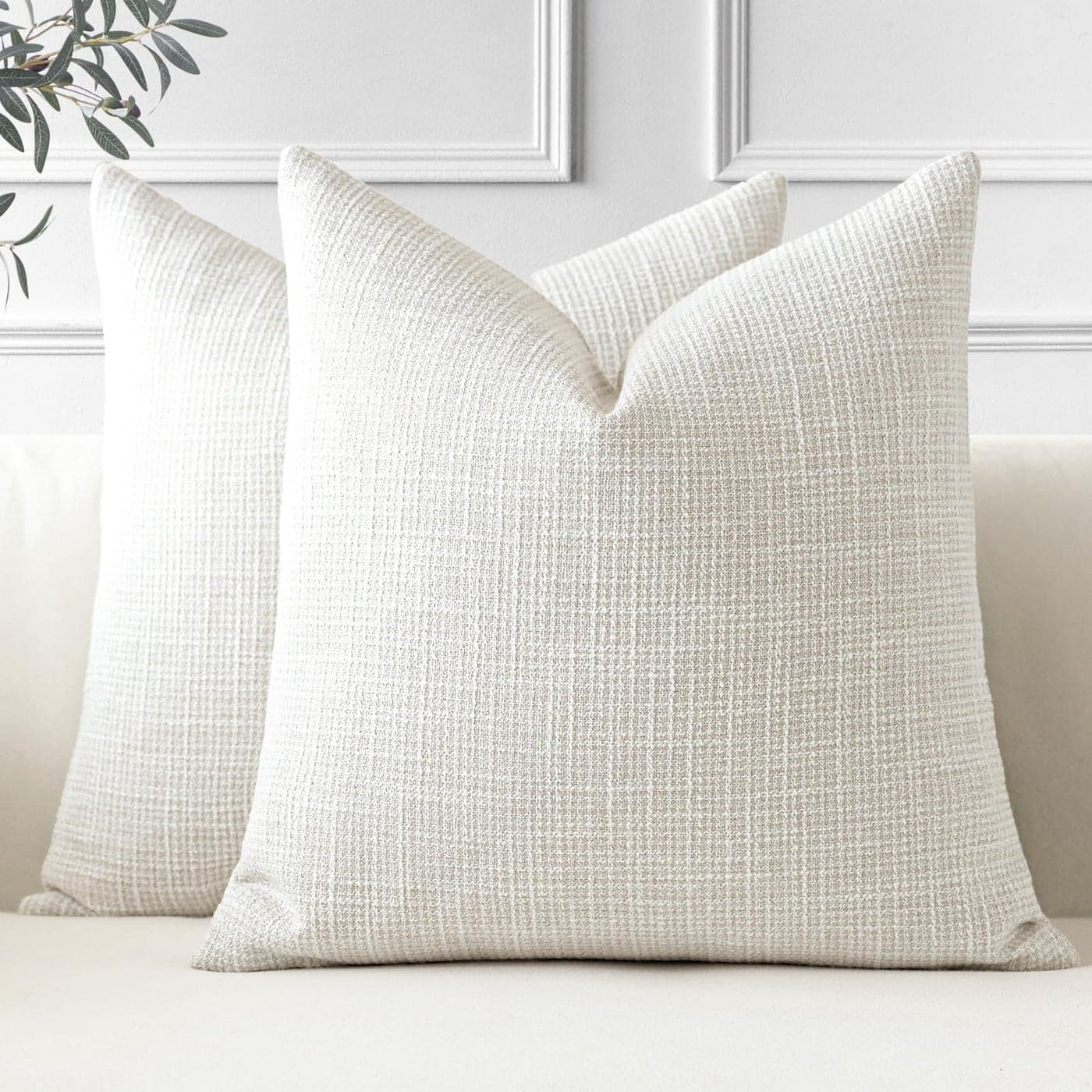 OTOSTAR Pack of 2 Throw Pillow Covers 24x24 Inch Linen Beige Pillowcases Farmhouse Decorative Solid Pillow Covers 60x60 cm Square Cushion Case for Home Decor Sofa Couch Bed Beige