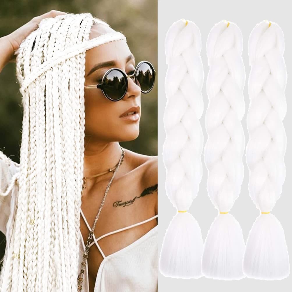 AFNOTE White Braiding Hair Extensions 24 Inch 3 Packs Synthetic High Temperature Jumbo Braiding Hair Twist Crochet Braids Hair for Women60