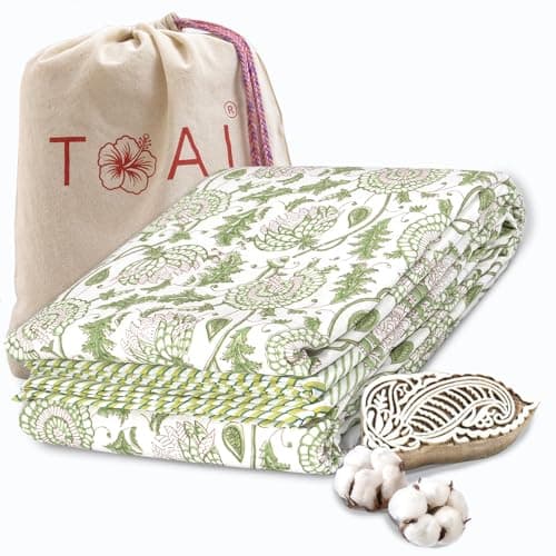 TOAIArt Premium Jaipuri Dohar | AC Blanket Summer Quilt | Hand Block Printed | 3 Layers | Reversible | 150GSM 100% Mulmul Cotton | 100% Cotton Flannel Filling | Single 60" X 90" |Green Kalamkari