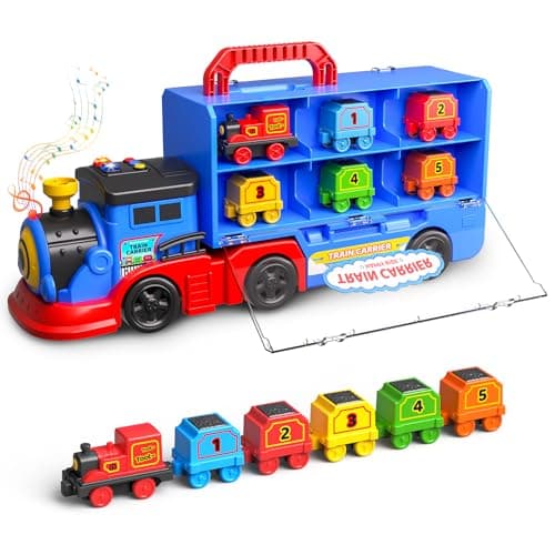 Gloween Train Set Truck Toys for Toddler Boys Girls Age 3 4 5 6 Years Old Carrier Transport Truck with Light Music Great Christmas Birthday Gifts for Kids 34 35 Years Old