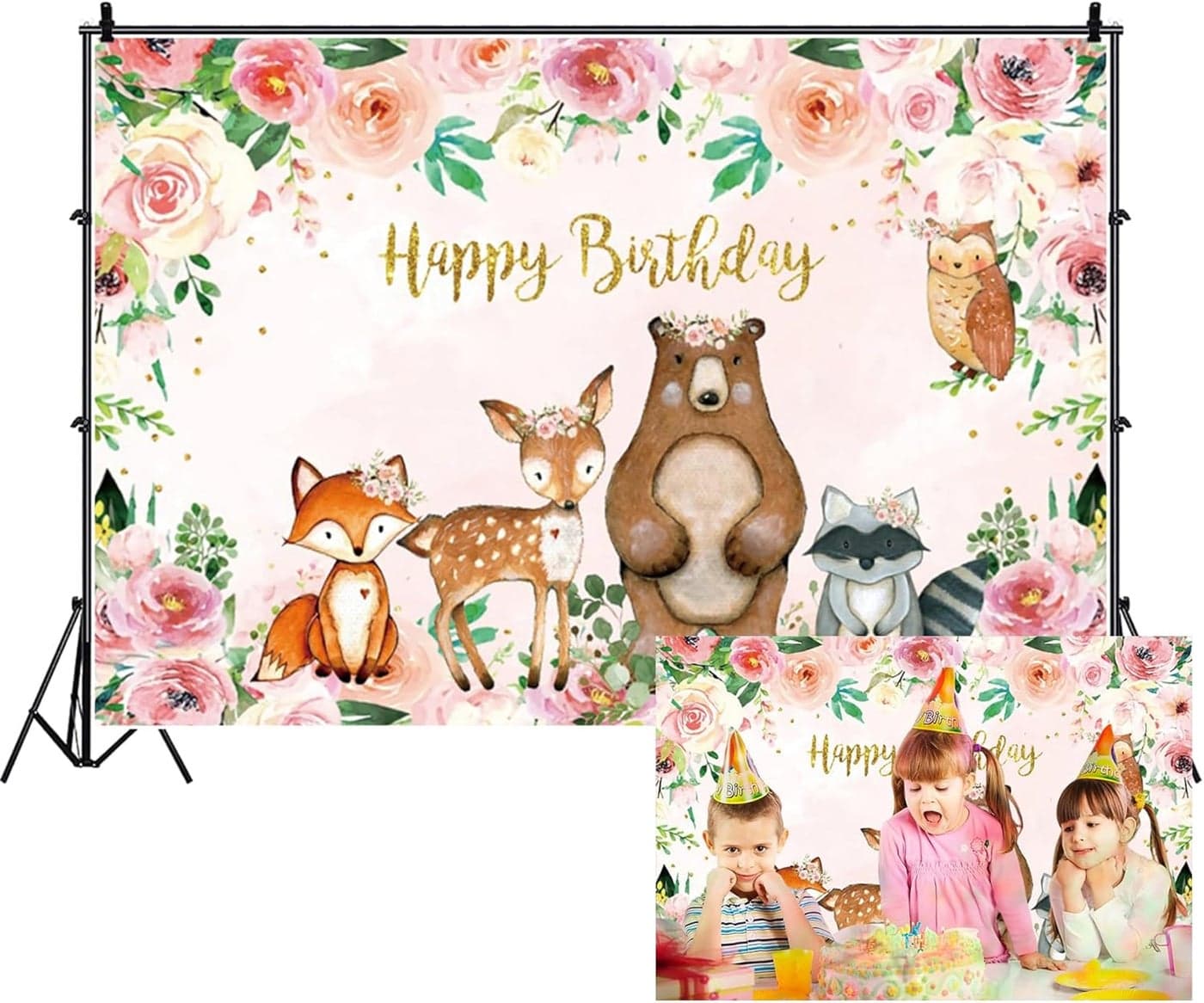 Renaiss 5x3ft Woodland Happy Birthday Backdrop Polyester Safari Jungle Animals Pink Watercolor Floral Leaves Photography Background for Baby Shower Kids Birthday Party Decor Photo Booth Props