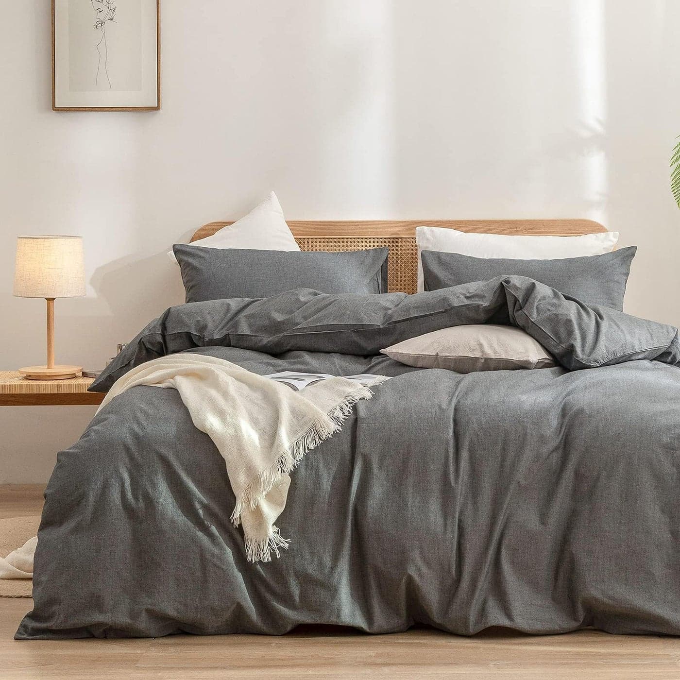 BESTOUCH Duvet Cover Set 100 Washed Cotton Linen Feel Super Soft Comfortable Chic Lightweight 3 PCs Home Bedding Set Solid Dark Grey Oversized Full