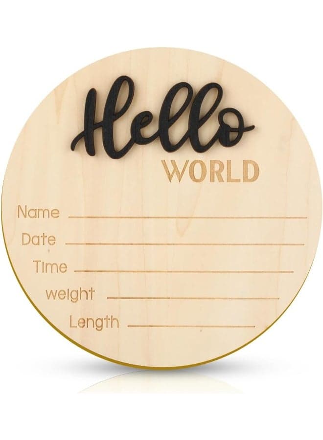 NQEUEPN Announcement Sign Baby, 15 cm Wooden 'Hello World' Welcome Sign for Newborn Name Plate Baby Birth for Photo Props Baby Shower Hospital Nursery (Black)