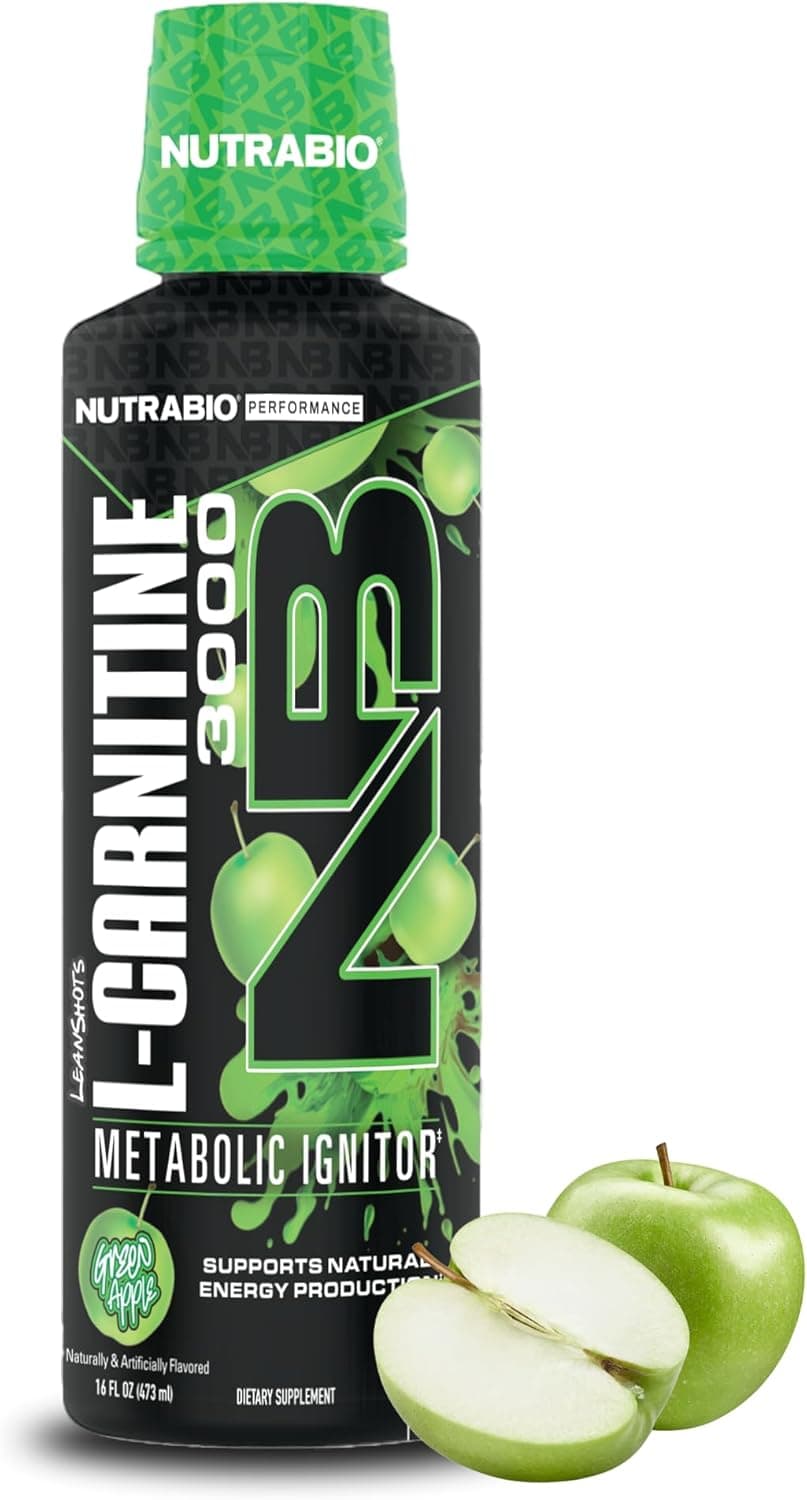 NutraBio LCarnitine Liquid Shots 3000mg Green Apple 10mg of Vitamin B5 Zero Carbs Sugars Energy Production Muscle Recovery