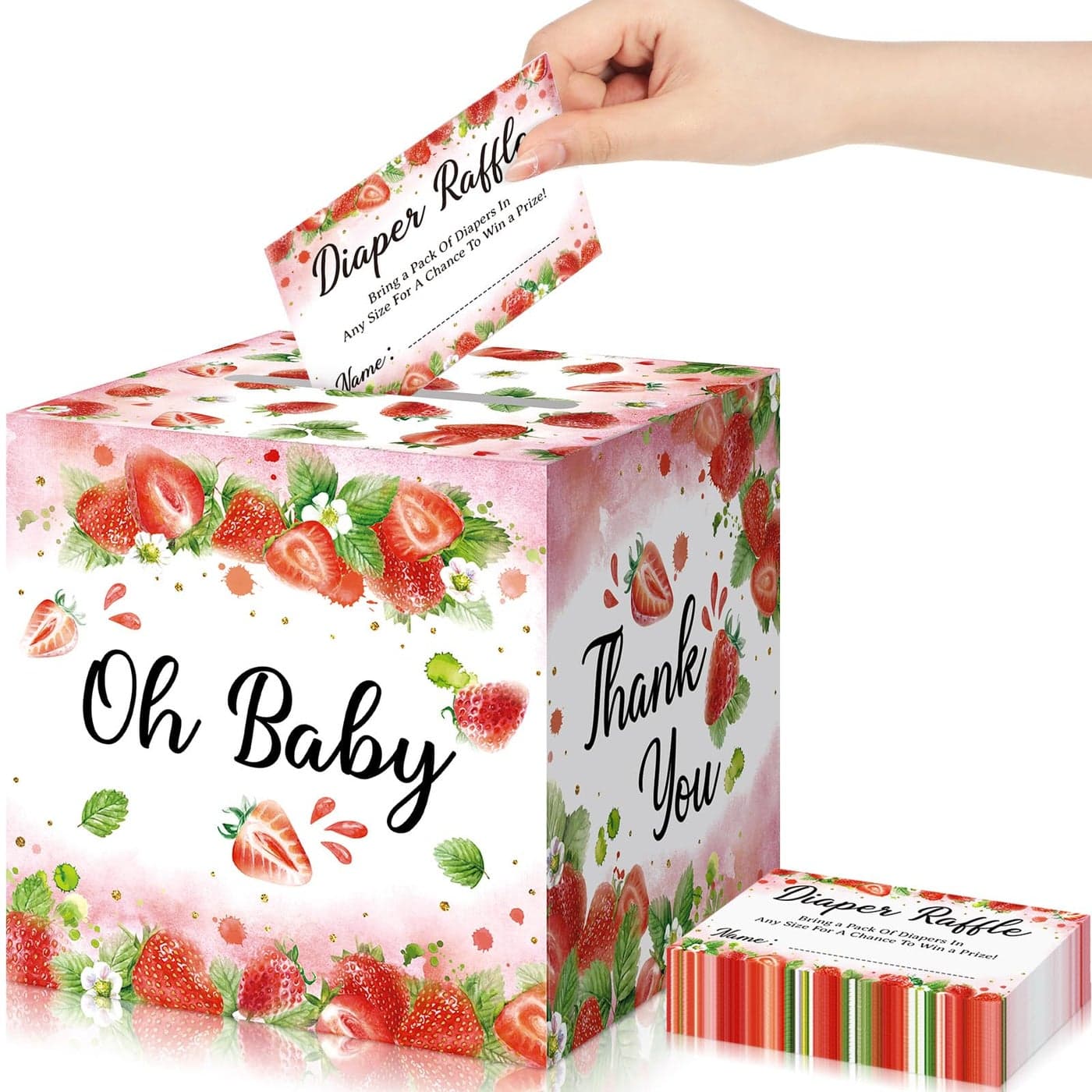 Jetec 51 Pcs Strawberry Baby Shower Decorations Sweet Strawberry Diaper Raffle Tickets with Box Diaper Raffle Game Kit Baby Shower Holder Box for Girl Gender Reveal Party Favor Supplies