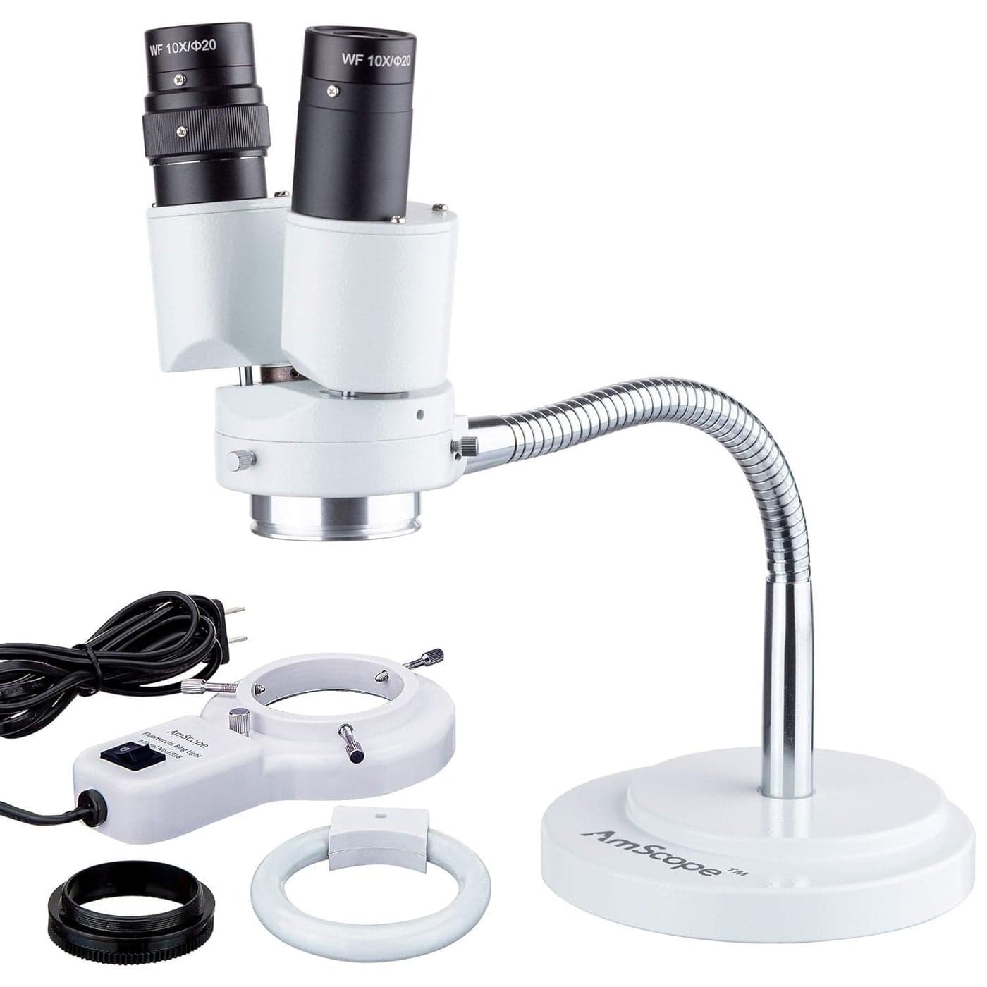 AmScope 8X Binocular Stereo Microscope w 360 Revolve 8W Fluorescent Ring Light Gooseneck Illuminator Set for Dental Lab Electronic Repairs SE508FRL