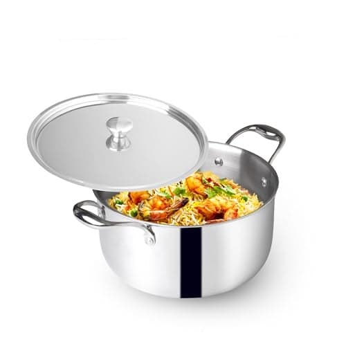 The Indus Valley Triply Stainless Steel Stock Pot with SS Lid/Briyani Pot/Casserole | 22cm/ 8.66 inch, 3.7Ltr, 1.6kg | Induction Friendly | 100% Toxin-Free