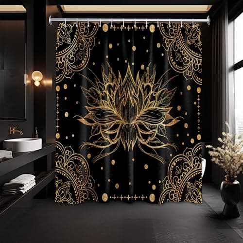 Lvetong Black and Gold Shower Curtain Decorative Dark Shower Curtains for Bathroom Decor Set, Waterproof Polyester Cloth Fabric with Hooks 70''W x 72''L