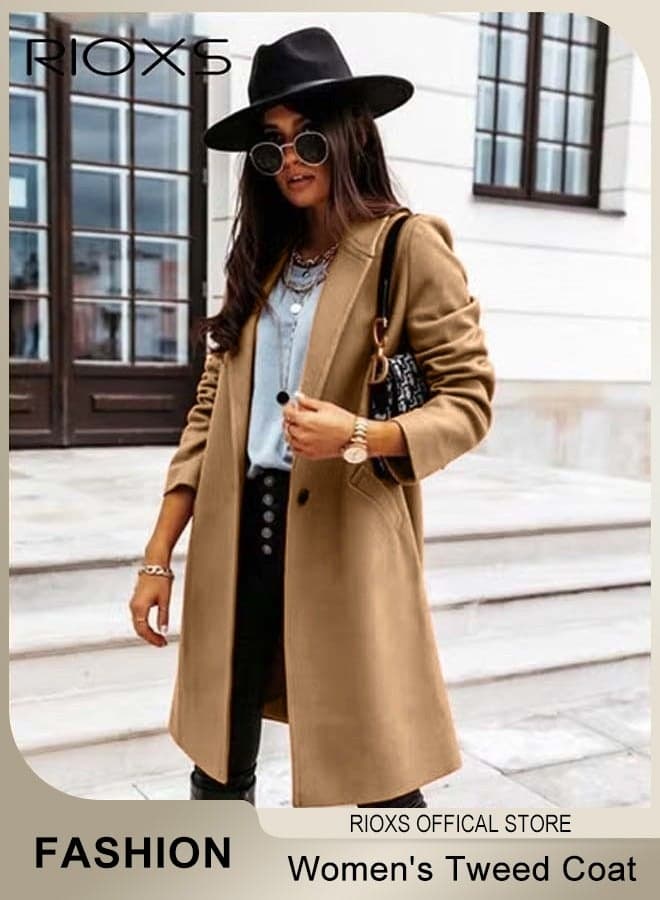 Women's Notch Lapel Double Breasted Wool Blend Mid Long Coat, Stylish Warm Tweed Over Coat Long Jacket with One Button and 2 Pockets, Winter Midi Long Pea Coat, Good for Street, Dating, Work, Office, Shopping or Everyday Wear, Brown