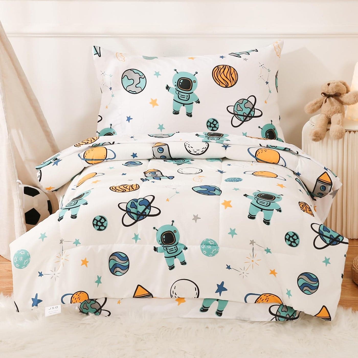 JSD Blue Astronaut Toddler Bedding Set 4 Piece Space Theme Rocket BedinaBag Toddler Comforter Sheet Set Machine Washable