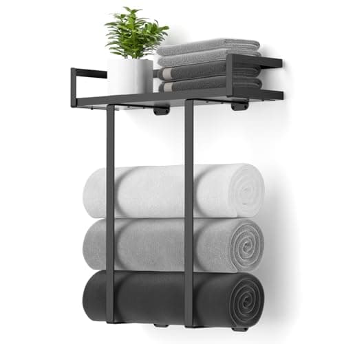 Towel Racks for Bathroom Wall Mounted, Xstydes Metal Towel Holder with Wooden Shelf for Folding Large Towels, Towel Storage for Small Bathroom Organizer Decor or RV Camping, Black