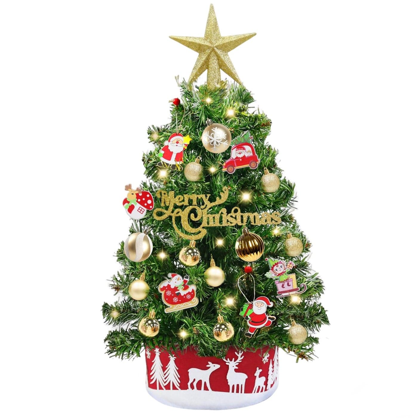 Grandeal 24 2FT Mini Christmas Tree with Lights Timer 30 LEDs 34 Ornaments Small Tabletop Christmas Trees Artificial Christmas Decorations for Indoor Desk Room Office Home Decor Xmas