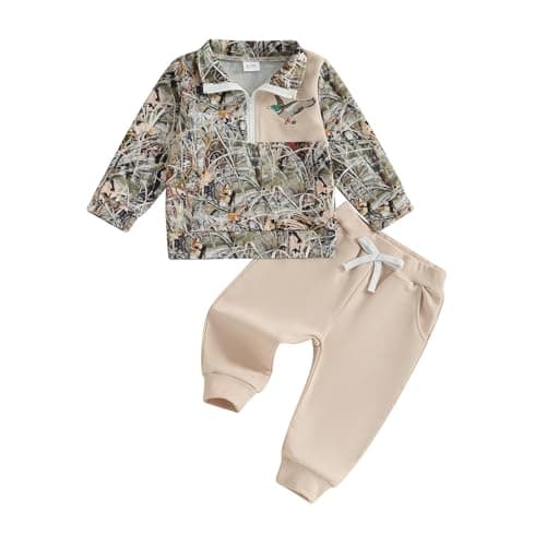 BULINGNA Toddler Baby Boy Hunting Outfit Mallard Duck Camouflage Half Zipper Sweatshirt Solid Pants Set Spring Fall Clothes (Army Green, 6-12 Months)