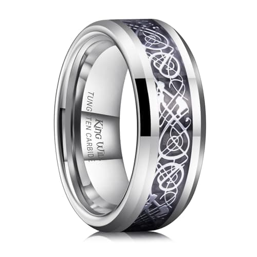 King Will DRAGON Men Tungsten Carbide Ring Wedding Band 8mm Silver Celtic Dragon Inlay Polish Finish 13