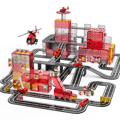 141PCS Magnetic Tiles for kids Fire Rescue Theme Magnet Tiles with Fire Station Fire Rescue Vehicles STEM Magnetic Tiles for Kids Ages 48 Preschool Educational Building Toys for Boys Girls