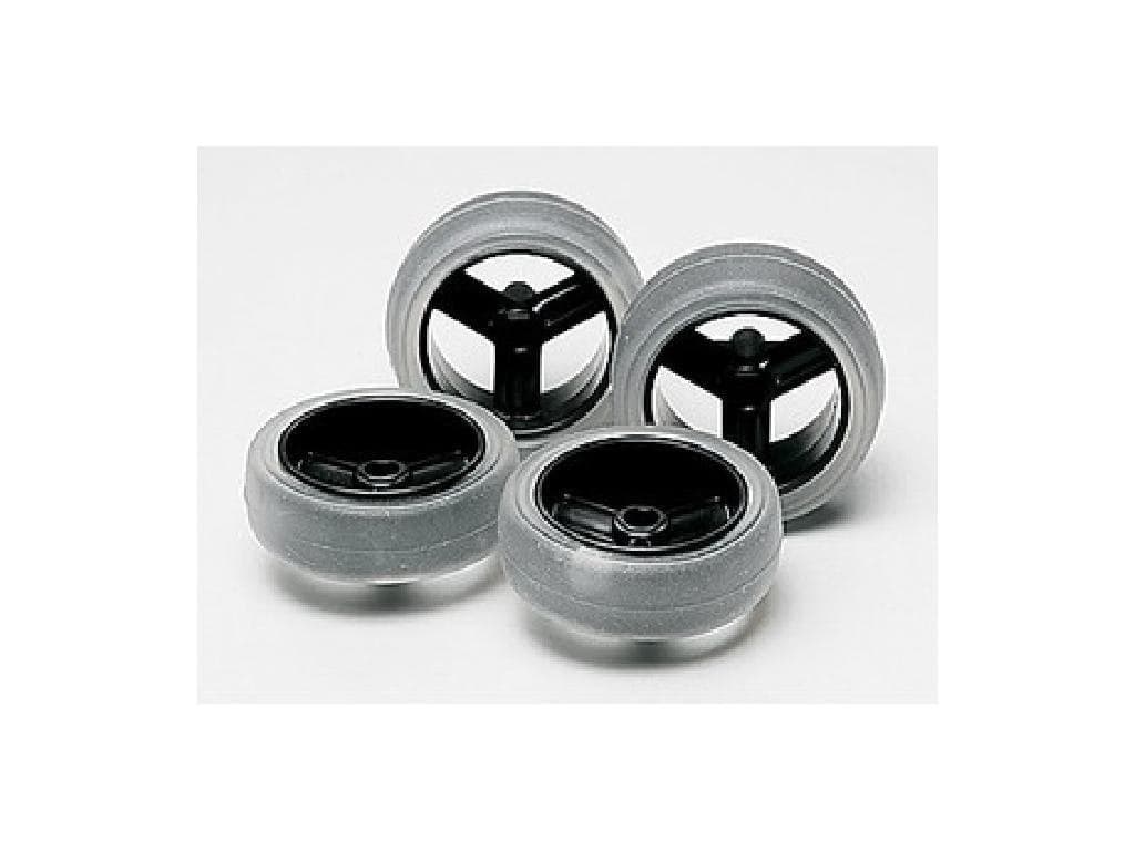 Tamiya Large Dia Carbon Wheel Set wSlot Slick Tires Mini 4WD Grade Up Parts Series