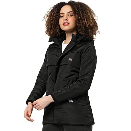 Campus Sutra Women Black Hooded Puffer Regular Fit Bomber Jacket For Winter Wear | Standing Collar | Full Sleeve | Zipper | Casual Jacket For Woman & Girl | Western Stylish Jacket For Women