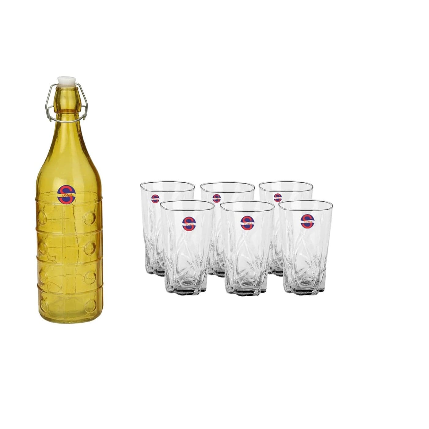 Somil Glass and Bottle Water Other Hot Cold Beverage Serving Set for Home Bar Restaurant 6 Glasses 1 Lt Bottle Yellow Transparent