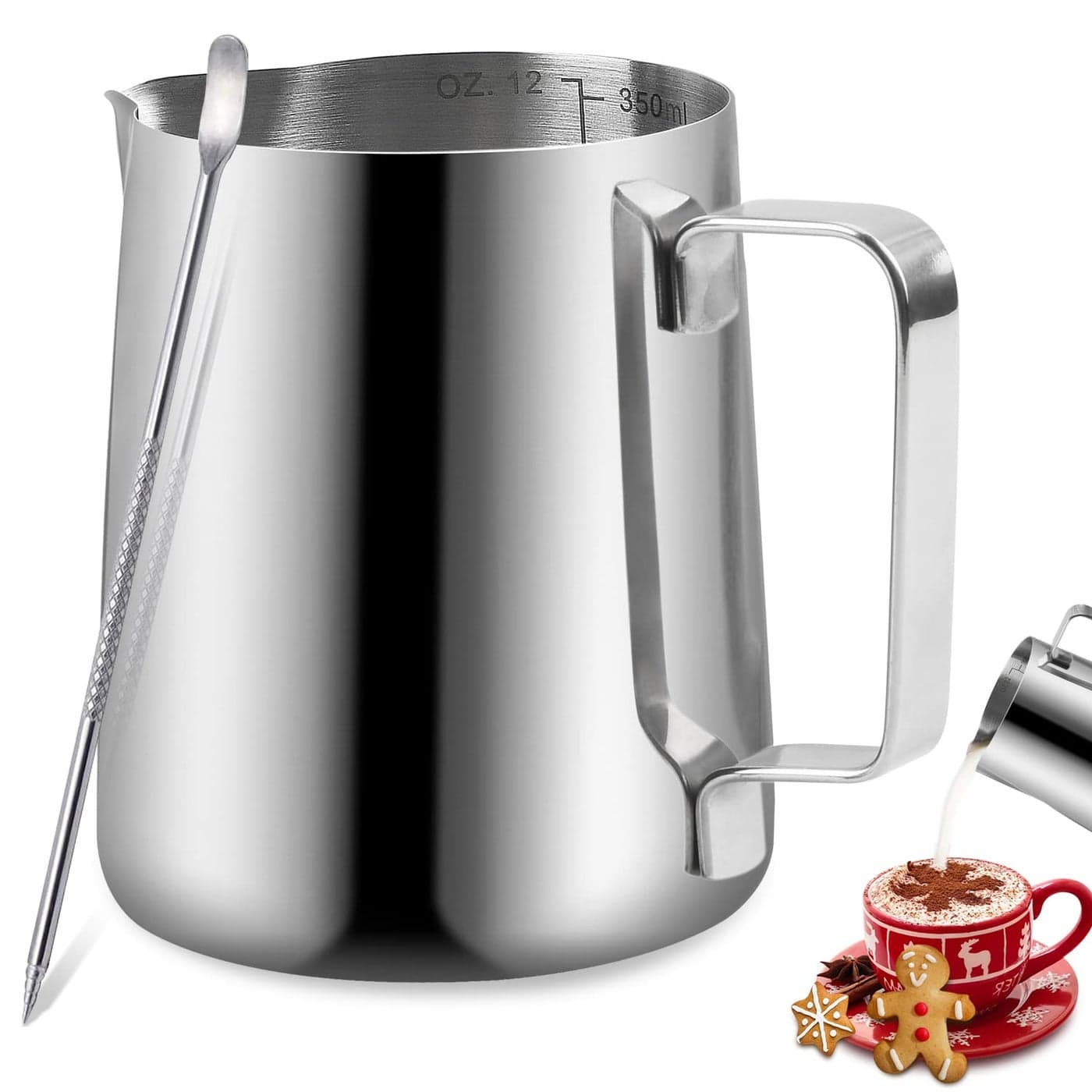 Stainless Steel Espresso Milk Frothing Pitcher 12OZ350ML Coffee Milk Frother Cup with Decorating Art Pen for Espresso Machine Latte Art