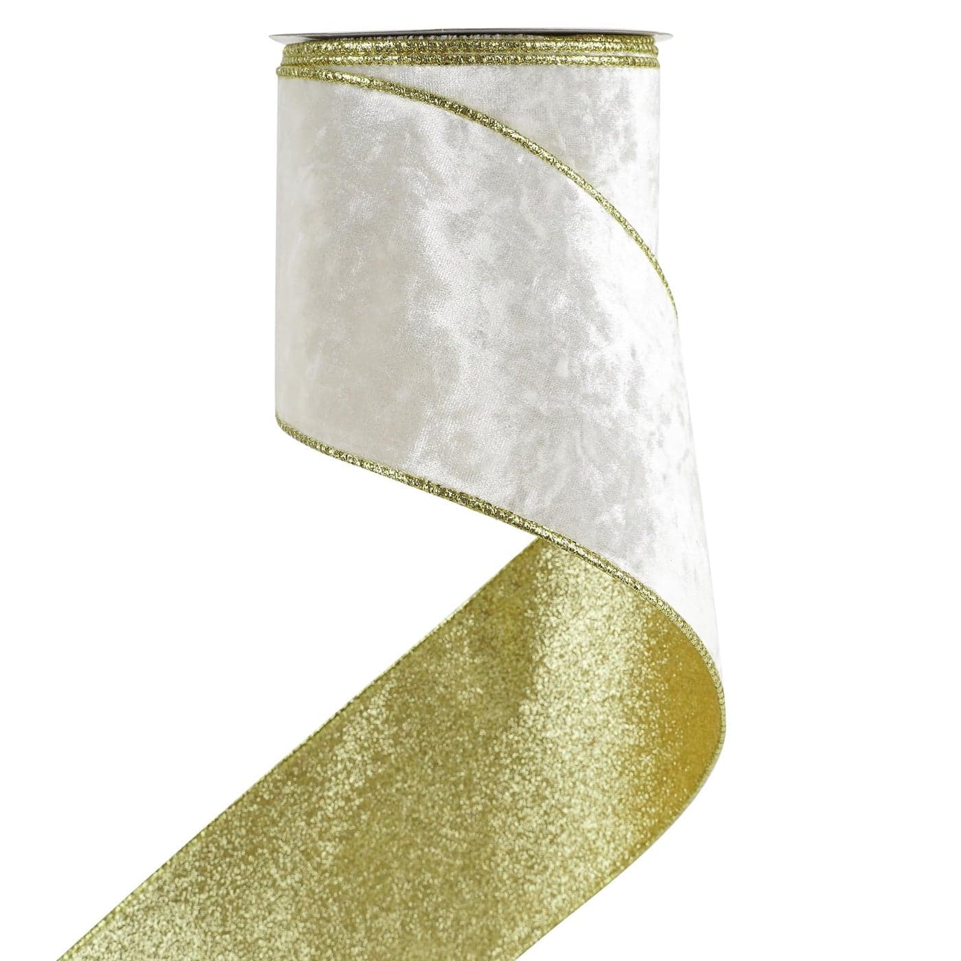 HUIHUANG Ivory Velvet Wired Ribbon 4 inch White Velvet Ribbon with Glitter Gold Christmas Ribbon for Christmas Tree Decorations Wreaths Garlands Large Bows Home Decor Continuous 10 Yards