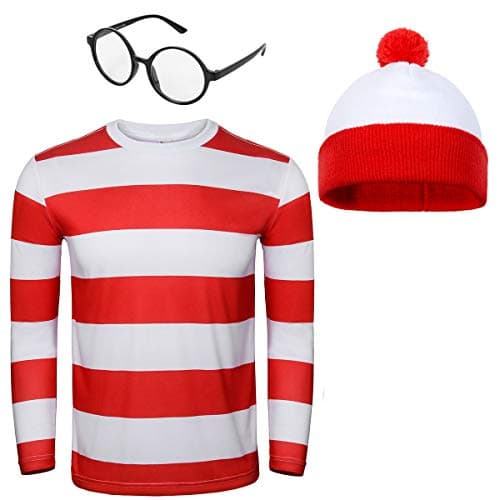 Adult Men Red and White Striped Tee Shirt Glasses Hat Outfit Suit Set Halloween Cosplay Costume Party Props (X-Small, Adult Men)