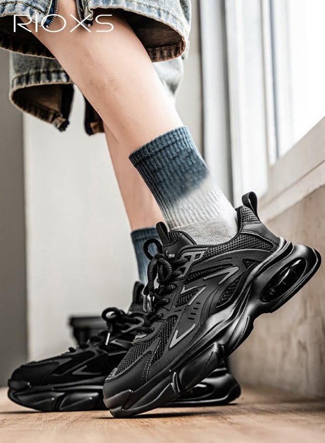 Men's Sports Shoes, Comfortable Men's Trainers with Cushioning Airbag, 5cm Chunky Platform Sneakers, Breathable Mesh Running Shoes for Men, Classic Lace-Up Low-Up Sneaker, Lightweight Casual Athletic Walking Shoes, Men's Non-Slip Trainers for Work/ Gym/ Everyday Wear, Black Athlesiure Shoes Mens Foo