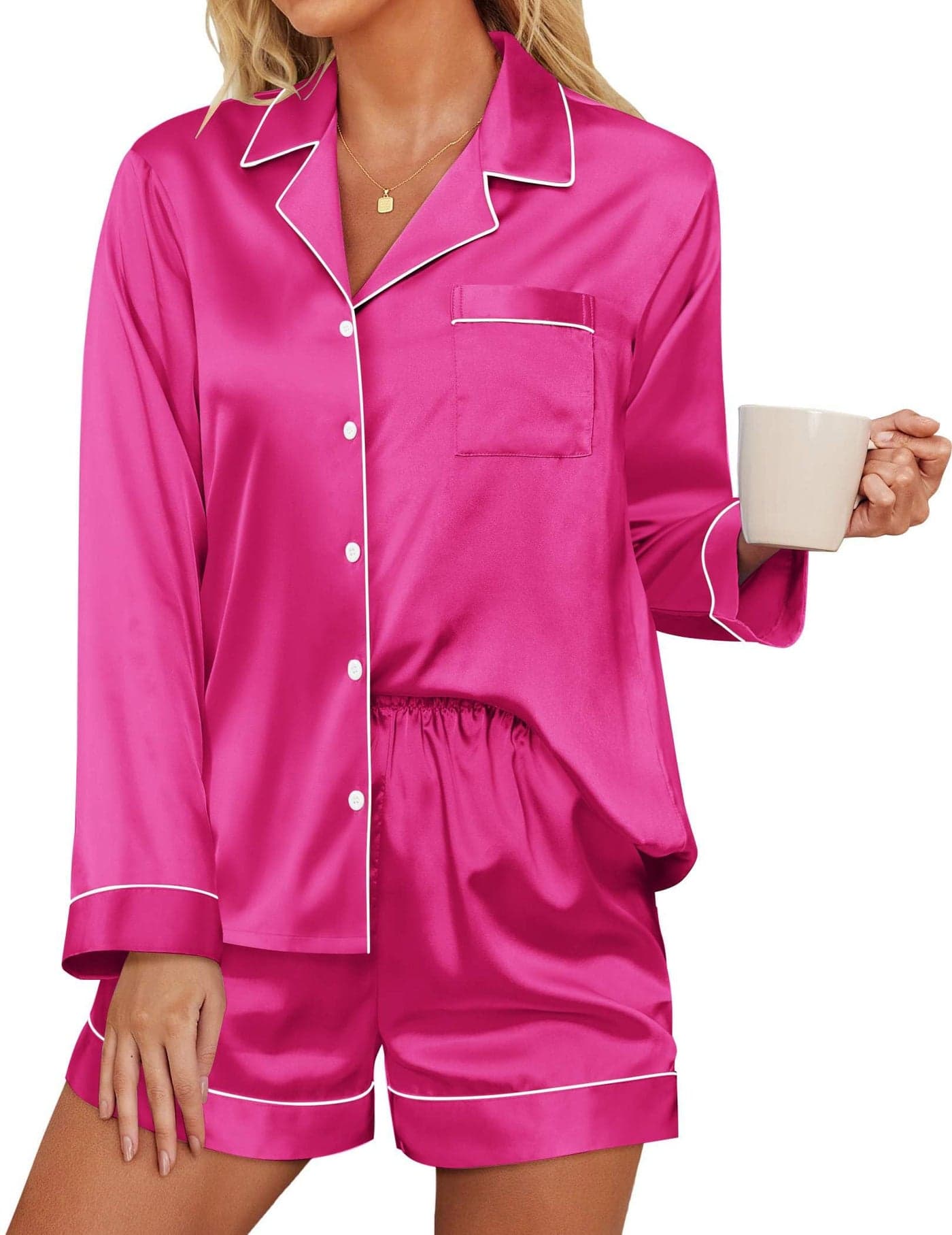 Ekouaer Silk Pajamas for Women Satin Pajama Set Shorts and Top Long Sleeve Silky PJ Soft Loungewear Sleepwear Button Down Rose Red