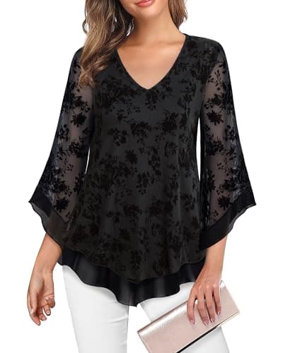 Tunic Tops for Women Loose Fit Dressy, Lotusmile Dressy Tops for Evening Wear Summer Work Blouses for Women 2023 Dressy Casual 3/4 Sleeve Tops and Blouses for Wedding Elegant Blouse for Fancy Occasion