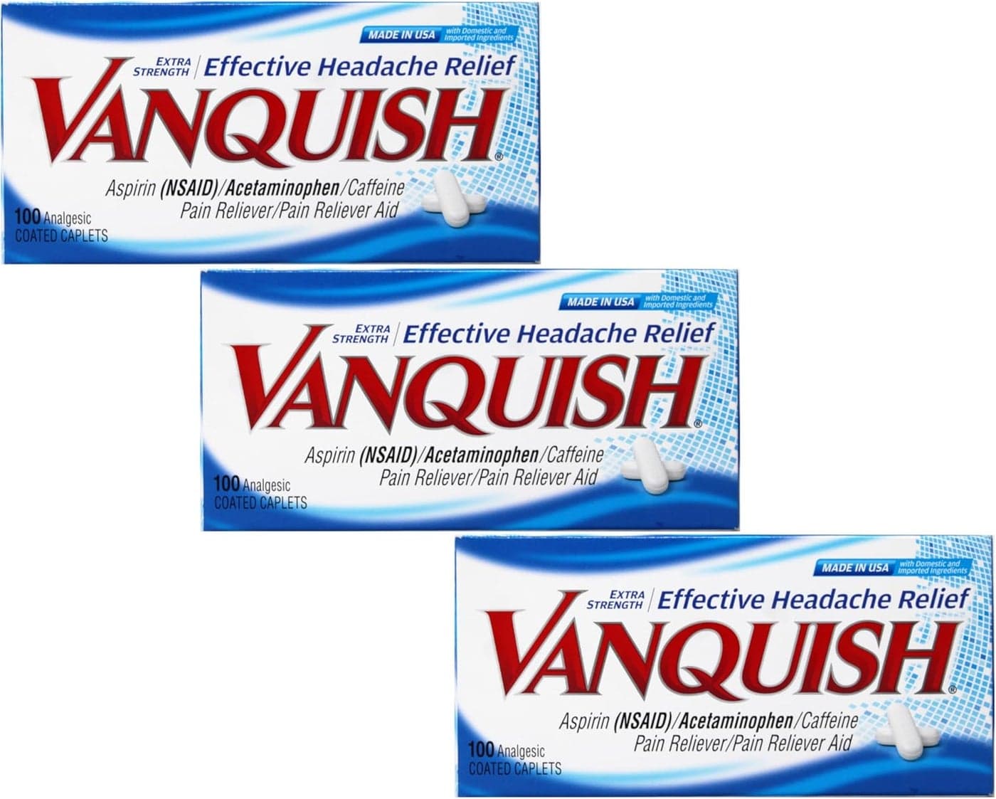 Vanquish Effective Headache Relief Aspirin NSAID Acetaminophen Caffeine 100 Analgesic Coated Caplets 3 Pack