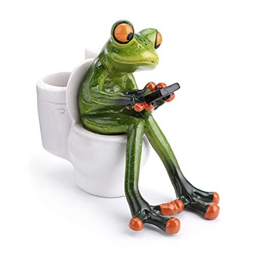 JUXYES Resin Creative 3D Craft Frog Figurine Statue, Funny Green Frog Texting On Toilet Personalized Animal Collectible Figurines Frog Crafts for Home Office Decoration
