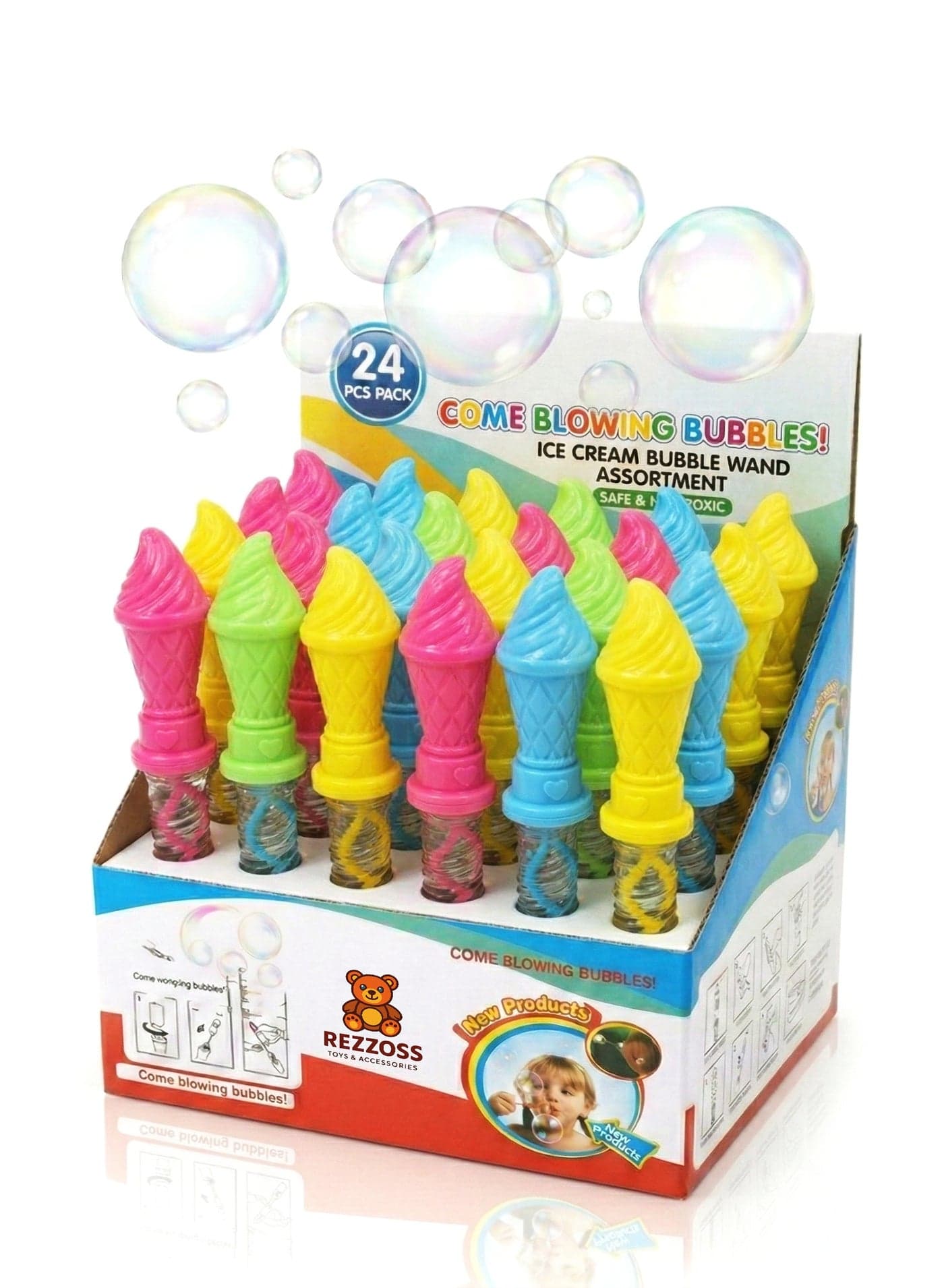 24Pcs Ice Cream Bubble Wands Set for Kids – Colorful Bubble Solution Bulk Pack with Ergonomic Grips | Non-Toxic Summer Outdoor Toy | Best Birthday Party Favors, Goodie Bag Fillers, Eid & Ramadan Gift for Toddlers Boys Girls